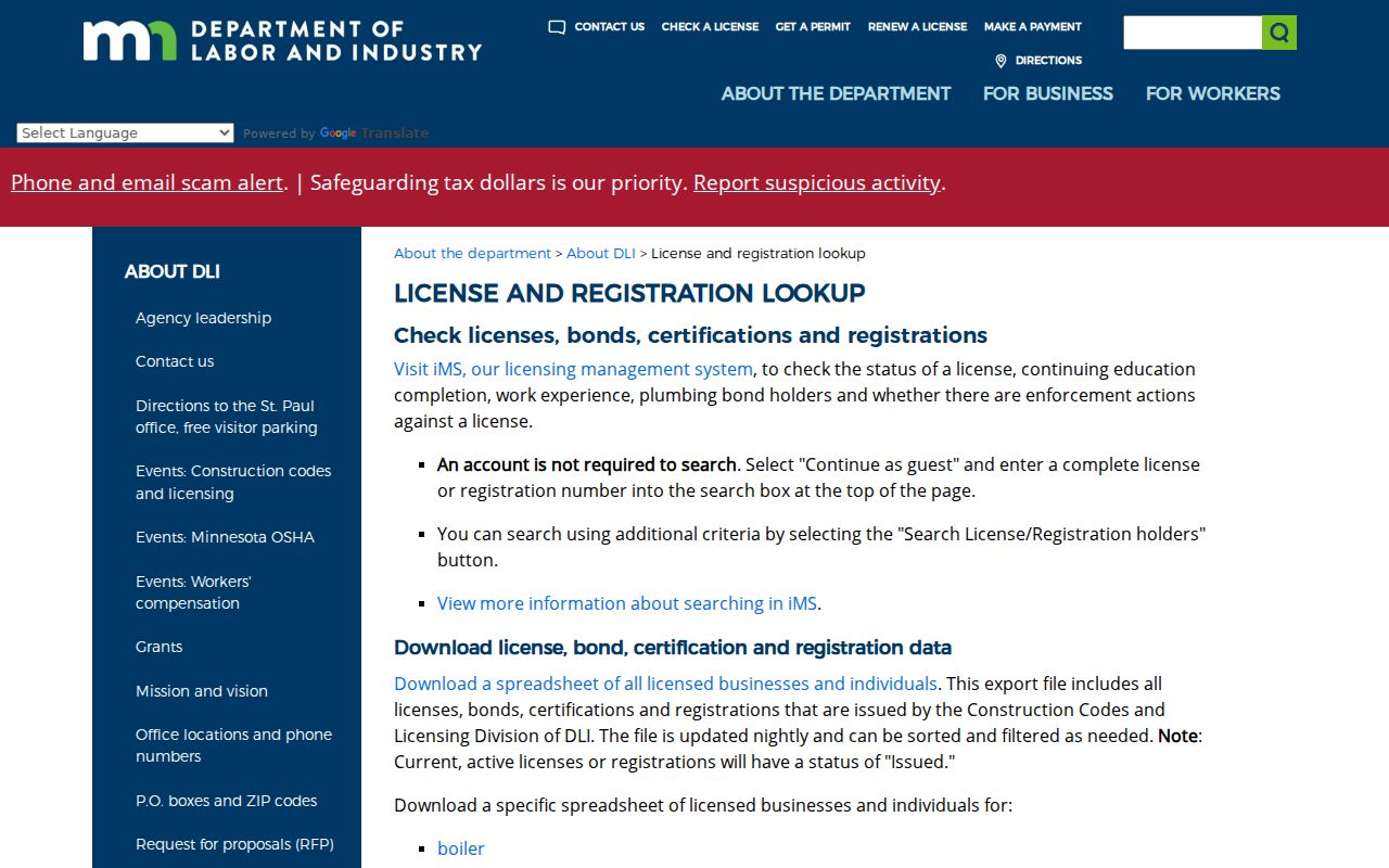 Minnesota Department of Labor and Industry license lookup page