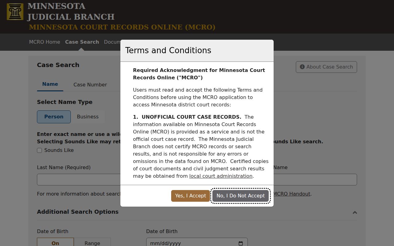 Minnesota Court Records Online case search for public district court records