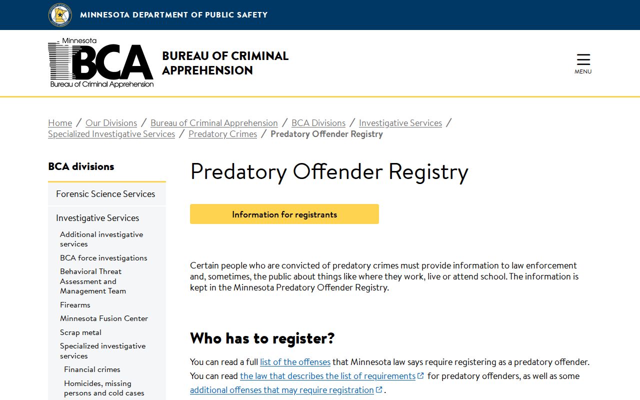 Minnesota BCA predatory offender registry information page