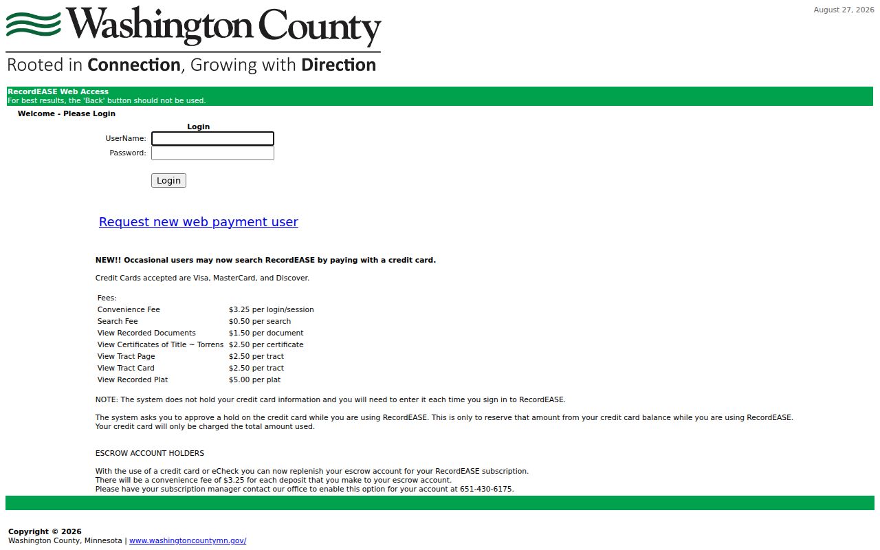 Washington County RecordEASE deed-index access screen