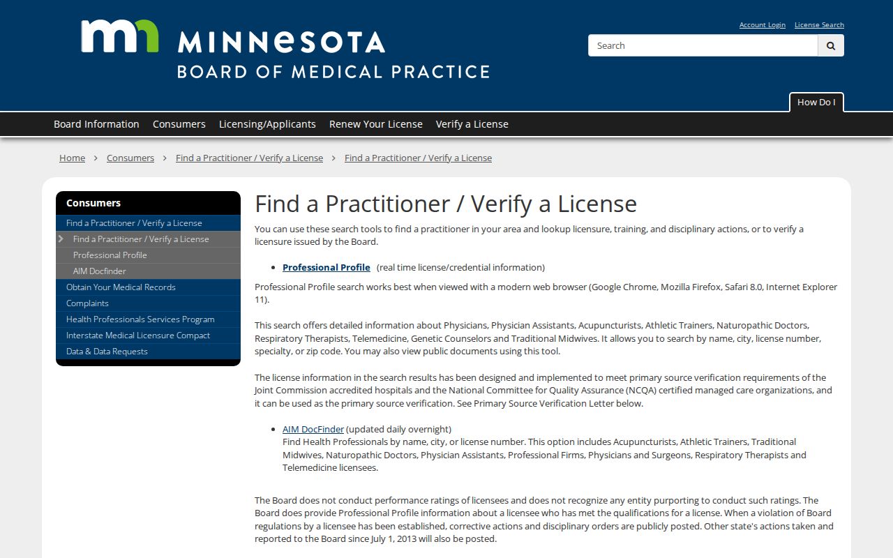 Woodbury resident lookup Minnesota Medical Board practitioner search