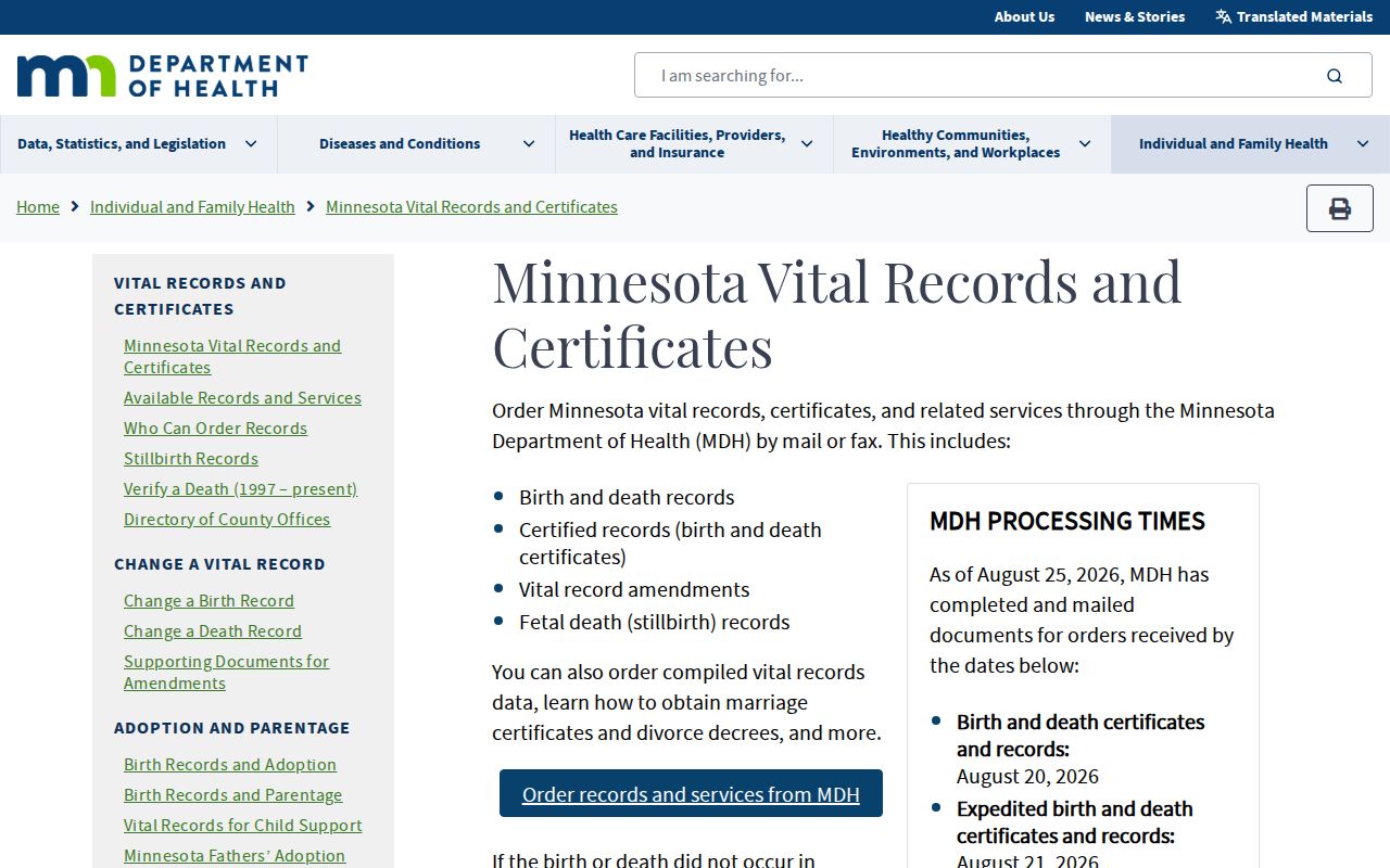Woodbury resident lookup Minnesota Department of Health vital records page