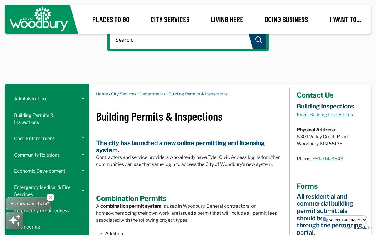 Woodbury street directory building permits and inspections page